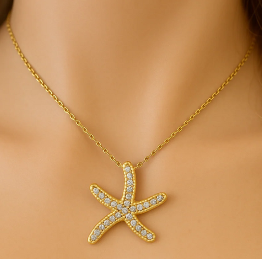 14K Yellow Gold Diamond Starfish Necklace