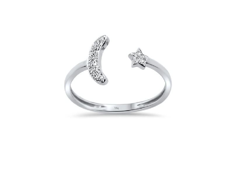14K White Gold 0.04ct Diamond Moon & Star Celestial Open Ring