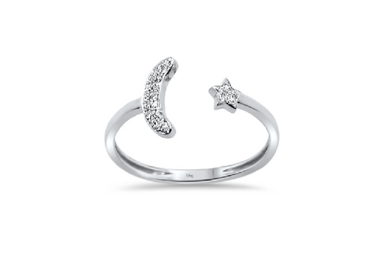 14K White Gold 0.04ct Diamond Moon & Star Celestial Open Ring