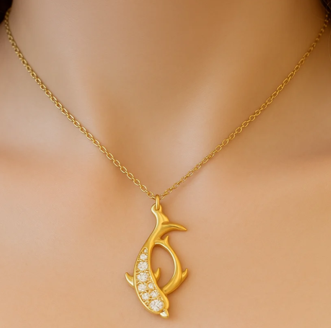 14K Yellow Gold Diamond Dolphin Necklace